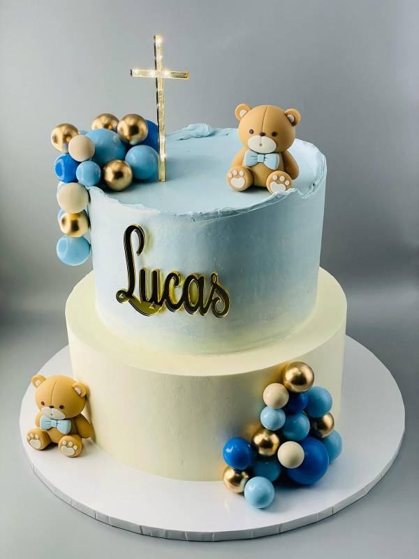 Christening Cake with Bear and Blue Balloons