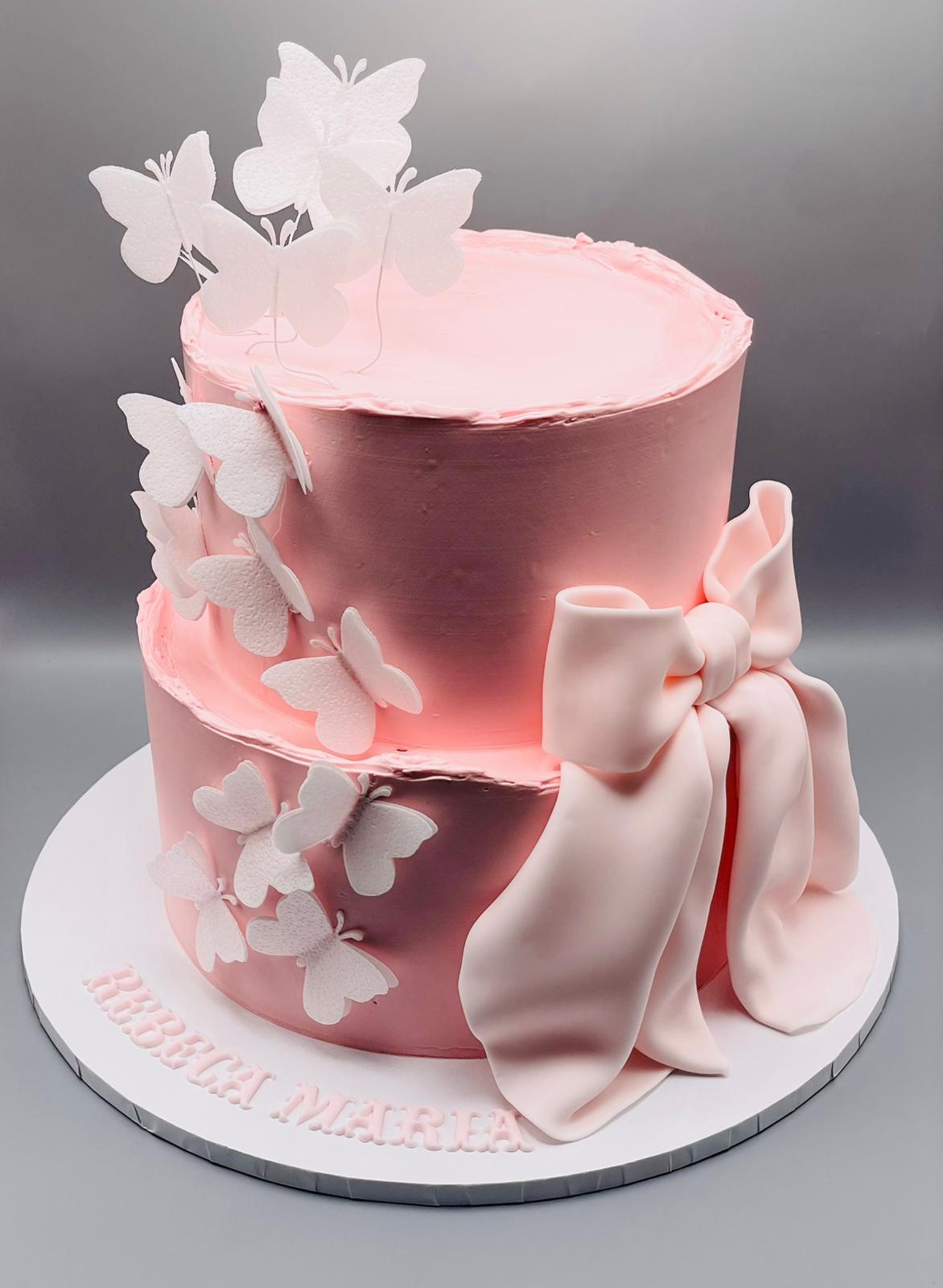 Two-Tier Butterfly & Bow Cake – Pink Edition